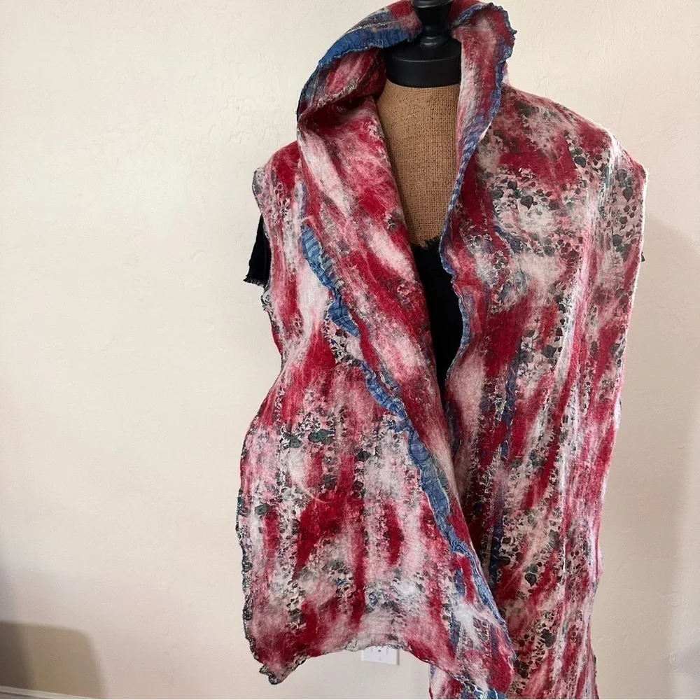 Handcrafted wet felted scarf cottagecore print w/ red & white wool felted 12x72”